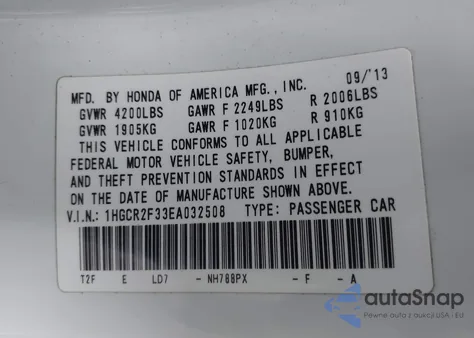 2014 Honda Accord Lx z USA, uszkodzony, nr VIN 1HGCR2F33EA032508